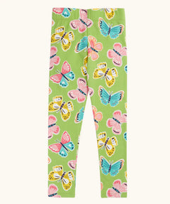 Frugi 100% organic cotton green Leona leggings with a repeating butterfly design