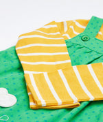 Frugi yellow stripe green spots pinafore outfit lady bird design sleeve detail