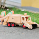 Wooden Fagus garbage tipper toy with two peg dolls and sweeper attachment.