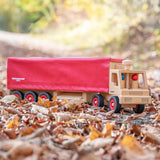 Fagus wooden semi trailer lorry with working steering, rubber wheels and two peg dolls.