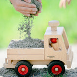 Fagus wooden toy truck, with working steering, a tow bar, rubber wheels and two Fagus peg dolls.