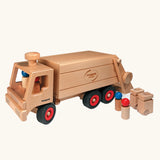 Fagus wooden garbage tipper van with working tipping mechanism, two wheelie bins and four peg dolls.