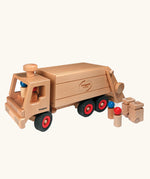 Fagus wooden garbage tipper van with working tipping mechanism, two wheelie bins and four peg dolls.