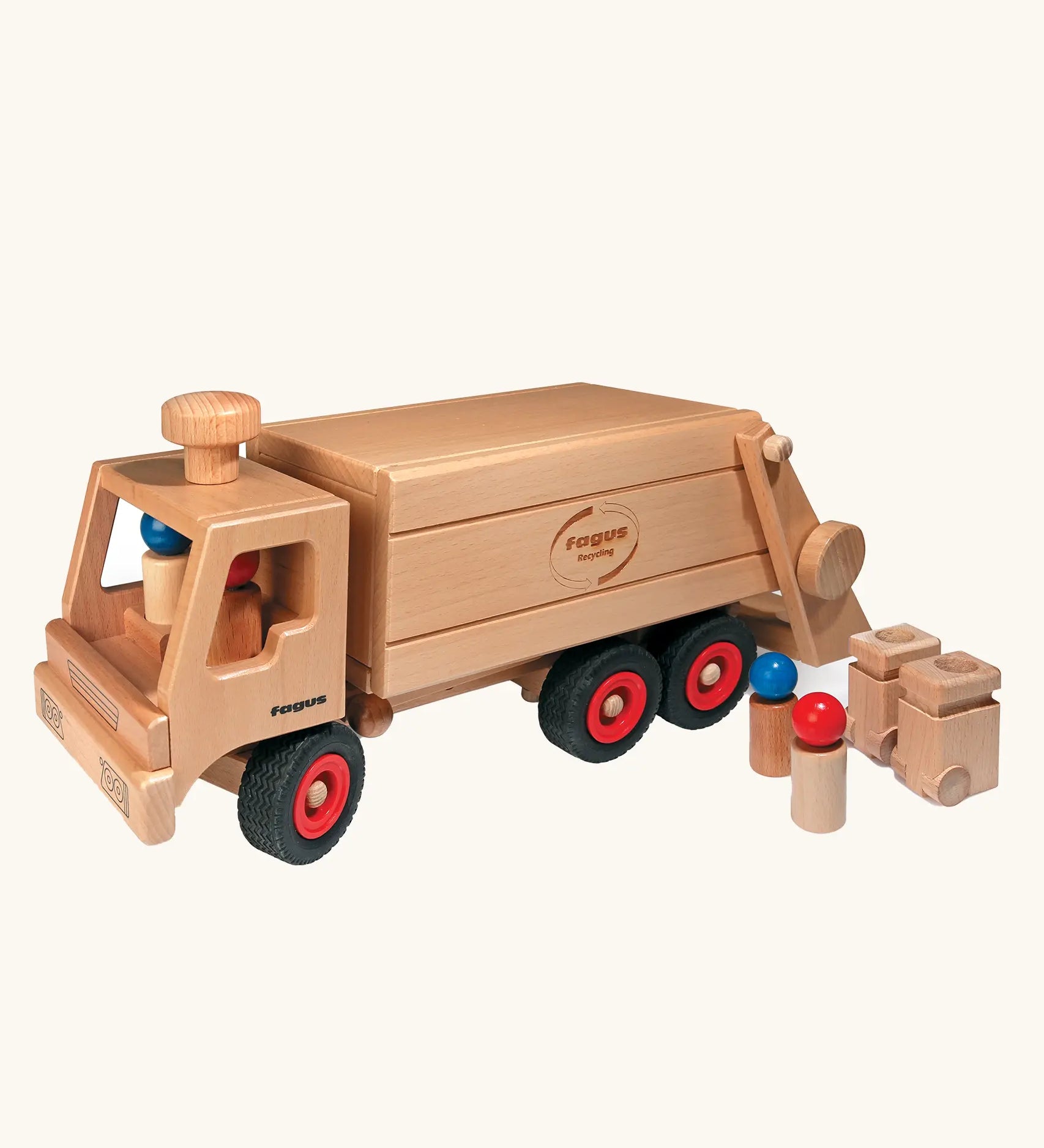 Fagus wooden garbage tipper van with working tipping mechanism, two wheelie bins and four peg dolls.