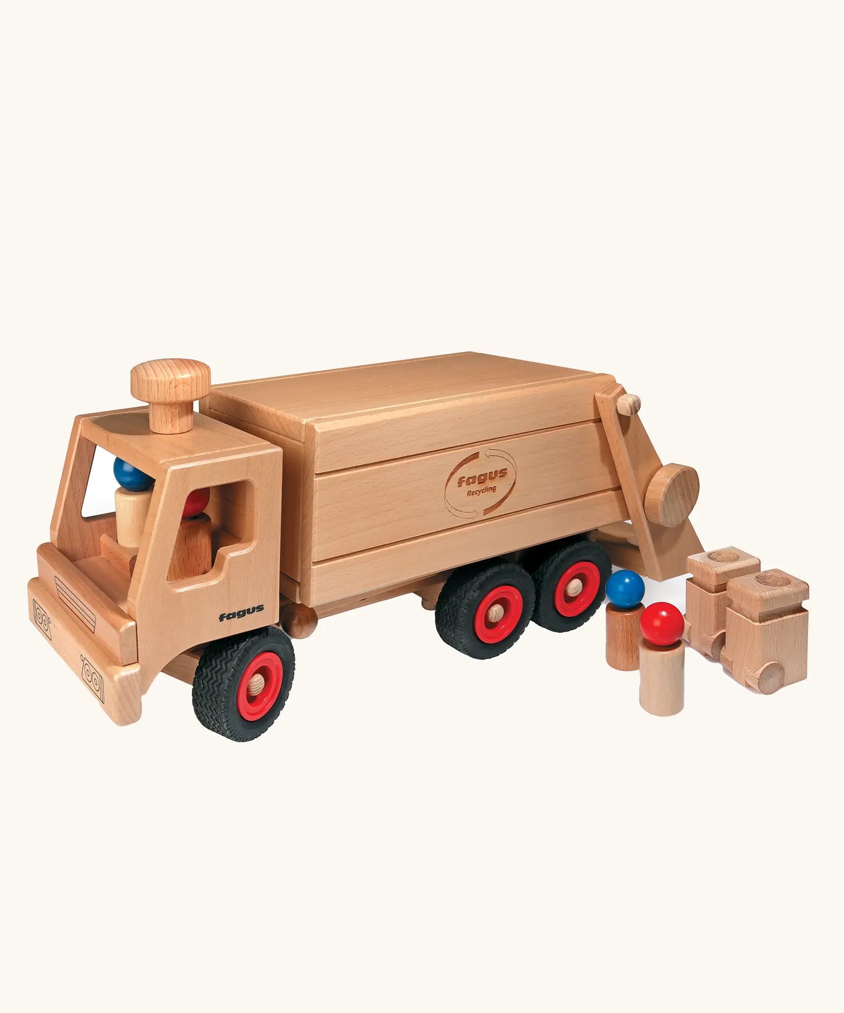 Fagus wooden garbage tipper van with working tipping mechanism, two wheelie bins and four peg dolls.