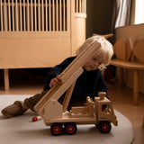 Fagus fire engine wooden toy with heirloom quality, an extendable rotating 3-piece ladder, rubber wheels and 6 peg doll figures.