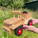 Fagus Wooden Toy Jeep with working steering, a spare wheel on the back.