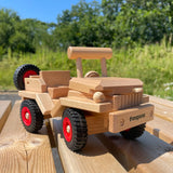 Fagus Jeep Car, wooden heirloom quality toy, with working steering and a tow hitch.