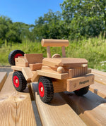 Fagus Jeep Car, wooden heirloom quality toy, with working steering and a tow hitch.