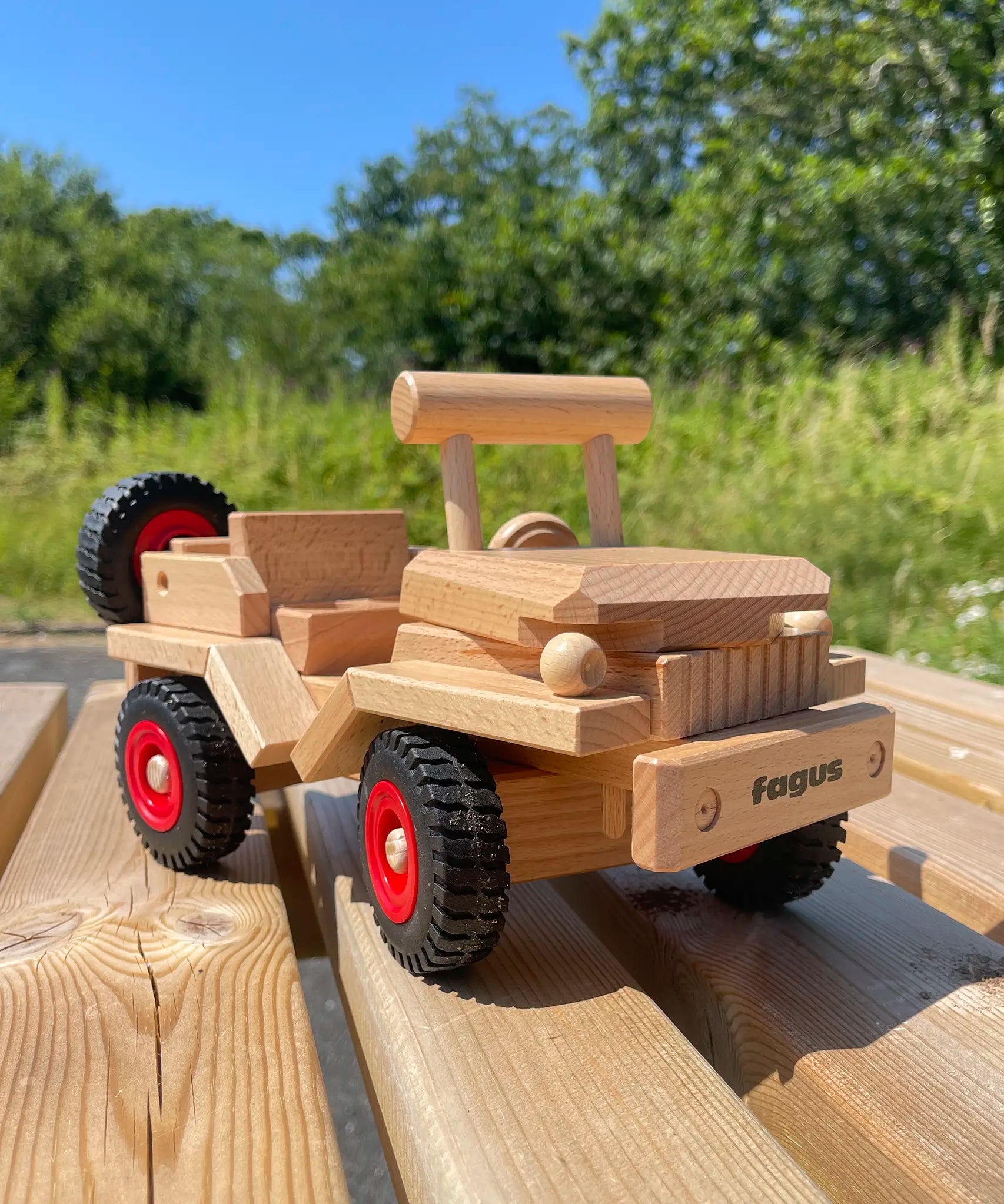 Fagus Jeep Car, wooden heirloom quality toy, with working steering and a tow hitch.