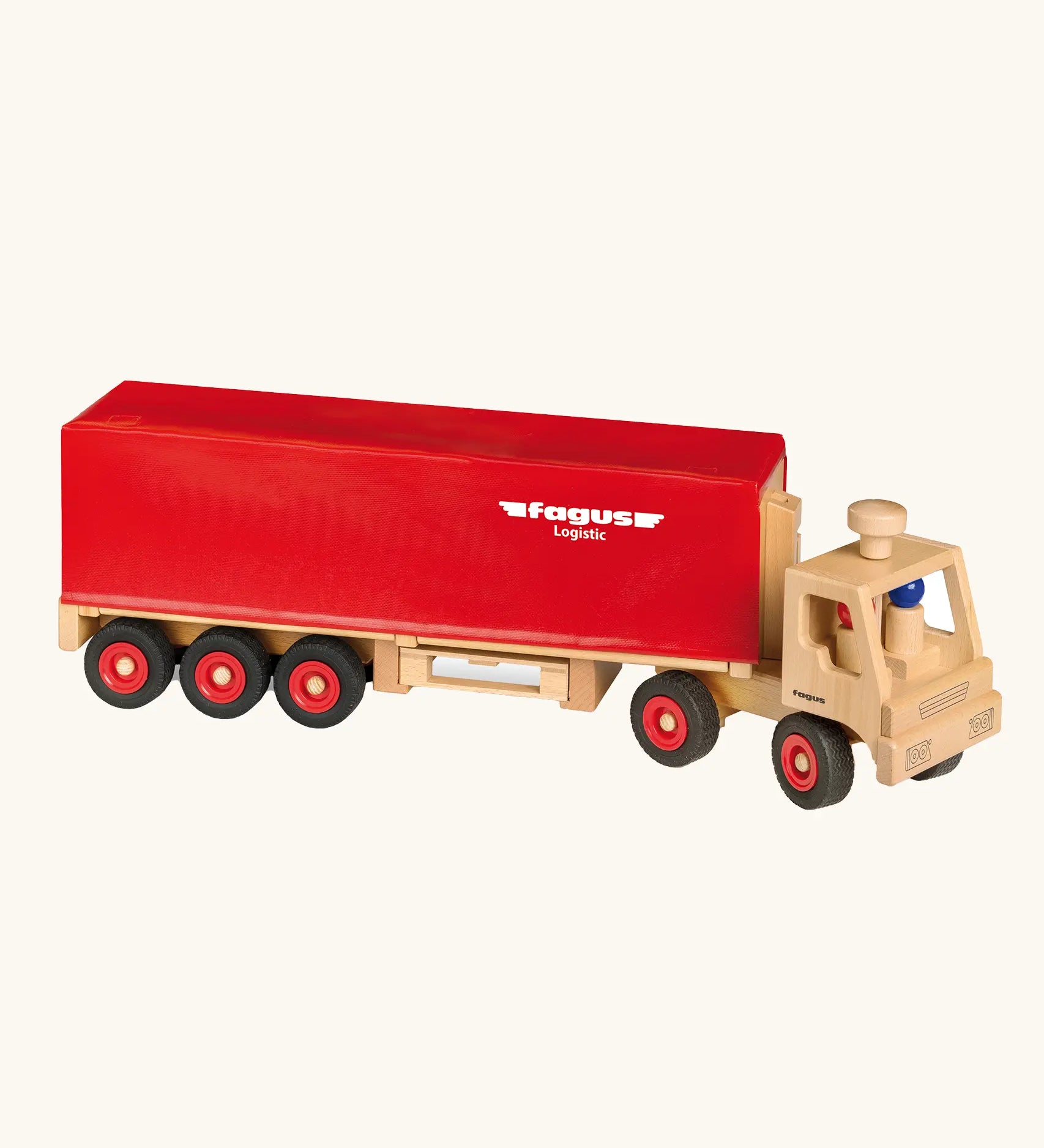 Fagus semi trailer lorry, a wooden toy with working steering, rubber wheels and two peg dolls.