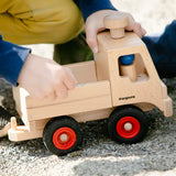 Fagus Wooden Unimog truck with tow bar, rubber wheels and blue peg doll.