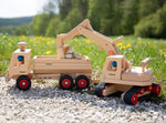 Fagus excavator, a wooden toy for small world play with the Fagus wooden container tipper truck.