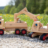 Fagus excavator, a wooden toy for small world play with the Fagus wooden container tipper truck.