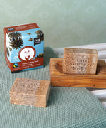 Set of 2 exfoliating coconut body Soaps by Fair Squared, in a lovely men's gift cardboard box, cruelty free and vegan soap, buy now at Babipur.
