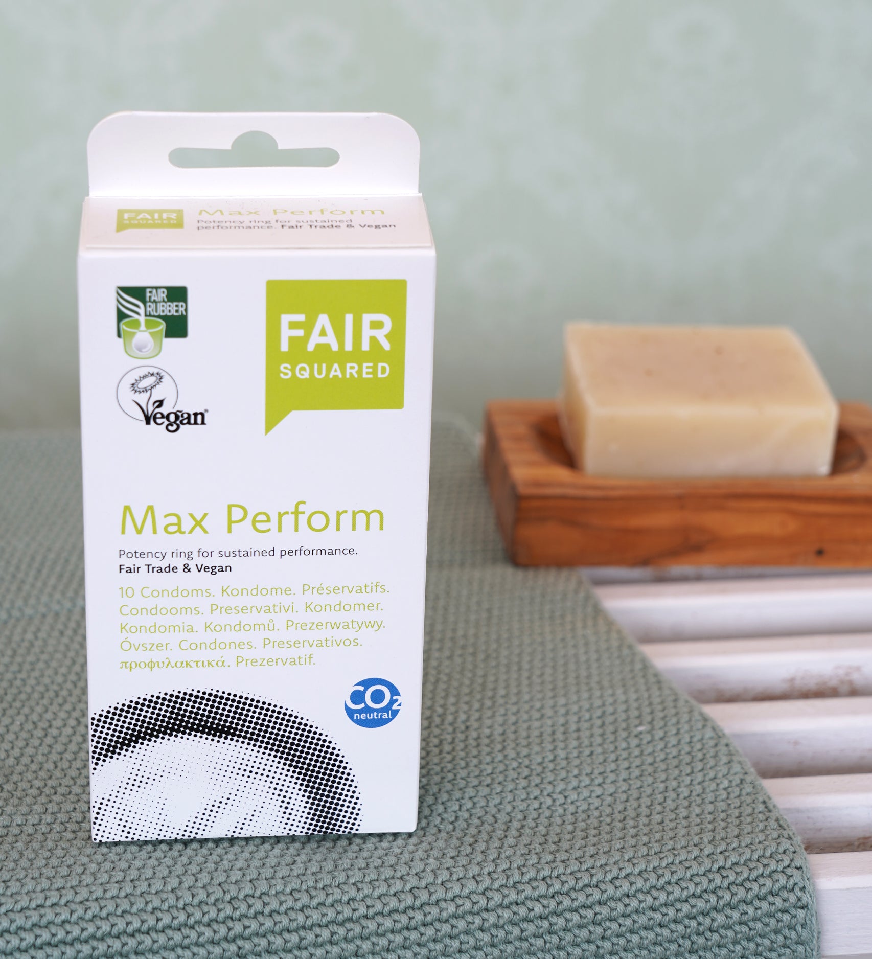 Fair Squared Fairtrade Max Perform Condoms x 10, vegan, buy now at Babipur.