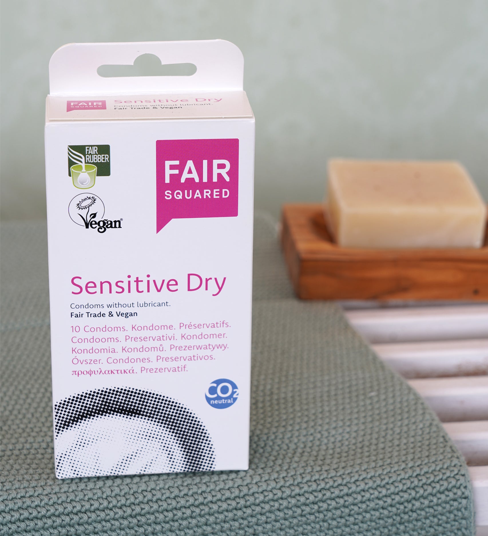 Fair Squared Fairtrade Sensitive Dry Condoms x 10, vegan, available to buy at Babipur.