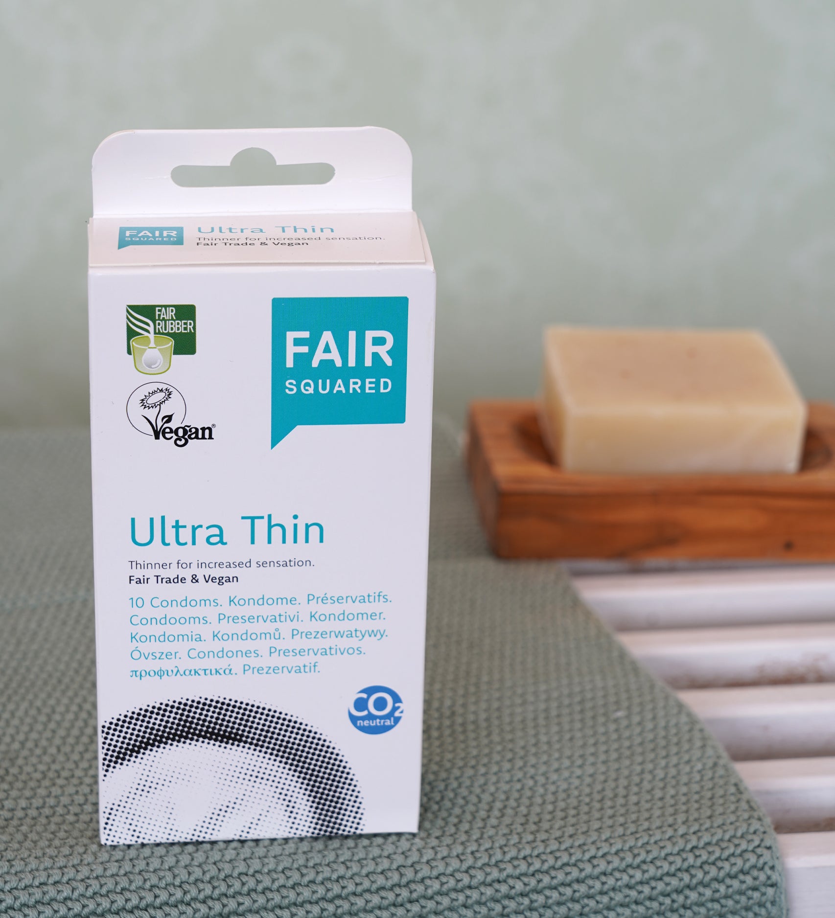 Fair Squared Fairtrade Ultra-Thin Condoms x 10, vegan, available to buy at Babipur.
