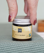 Glass jar of cruelty free Fair Squared Fairtrade Almond Lip Balm, for sale at Babipur.