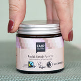 Glass jar of Fair Squared Fairtrade Apricot Facial Scrub, cruelty free, for sale at Babipur.