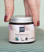 Glass jar of Fair Squared Fairtrade Apricot Facial Scrub, cruelty free, for sale at Babipur.