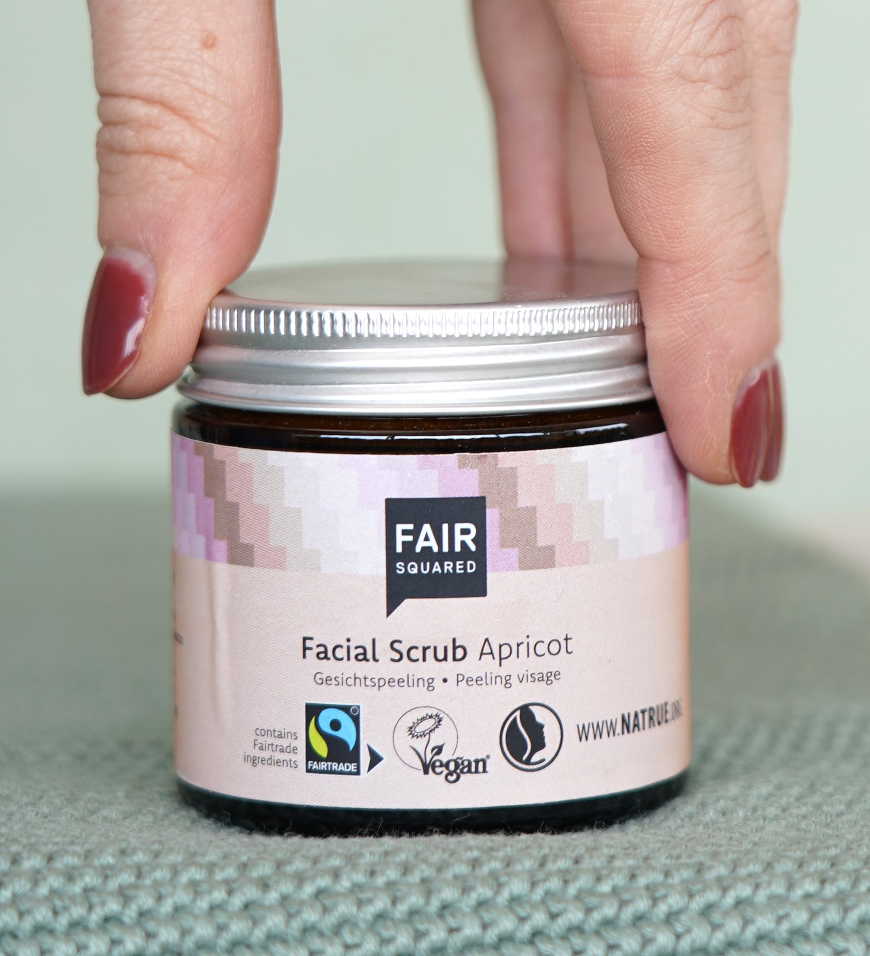 Glass jar of Fair Squared Fairtrade Apricot Facial Scrub, cruelty free, for sale at Babipur.