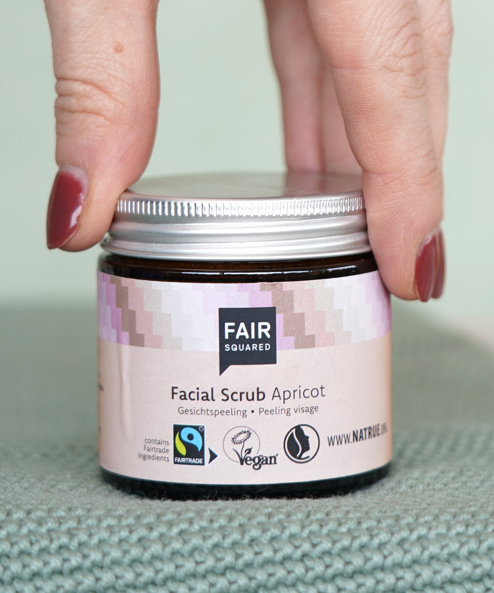 Glass jar of Fair Squared Fairtrade Apricot Facial Scrub, cruelty free, for sale at Babipur.