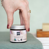 Fair Squared Fairtrade Plastic Free Apricot Facial Scrub stored a glass jar, vegan and cruelty free, available to buy at Babipur.