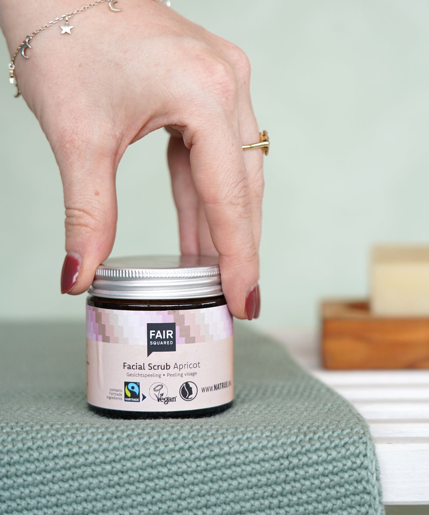 Fair Squared Fairtrade Plastic Free Apricot Facial Scrub stored a glass jar, vegan and cruelty free, available to buy at Babipur.