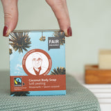 Fair Squared Fairtrade coconut scrub Soap, in a lovely gift cardboard box, a natural vegan plastic-free bar of soap, available to buy at Babipur.
