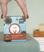 Fair Squared Fairtrade coconut scrub Soap, in a lovely gift cardboard box, a natural vegan plastic-free bar of soap, available to buy at Babipur.