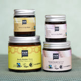A collection of Fair Squared Fairtrade Lip balm, body butter and face scrub, all vegan, cruelty free and plastic free, for sale at Babipur.