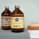 Plastic-free Fairtrade Vanilla Shower Gel 500ml in a bathroom, by Fair Squared, available to buy at Babipur.