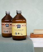Plastic-free Fairtrade Vanilla Shower Gel 500ml in a bathroom, by Fair Squared, available to buy at Babipur.