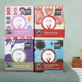 A selection of Fair Squared Fairtrade Soaps all in lovely card plastic-free gift boxes, made with natural and cruelty free ingredients, buy now at Babipur.