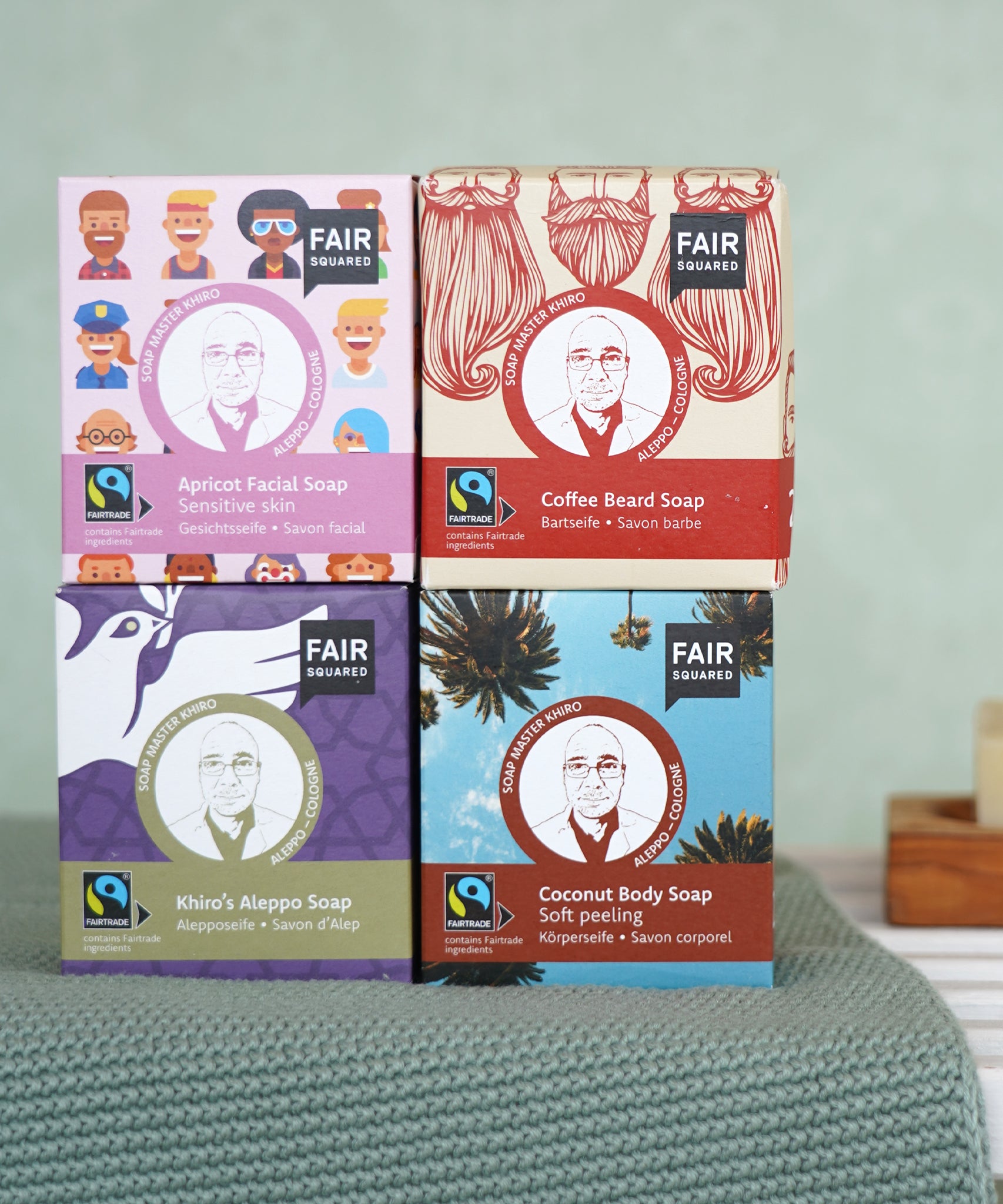 A selection of Fair Squared Fairtrade Soaps all in lovely card plastic-free gift boxes, made with natural and cruelty free ingredients, buy now at Babipur.
