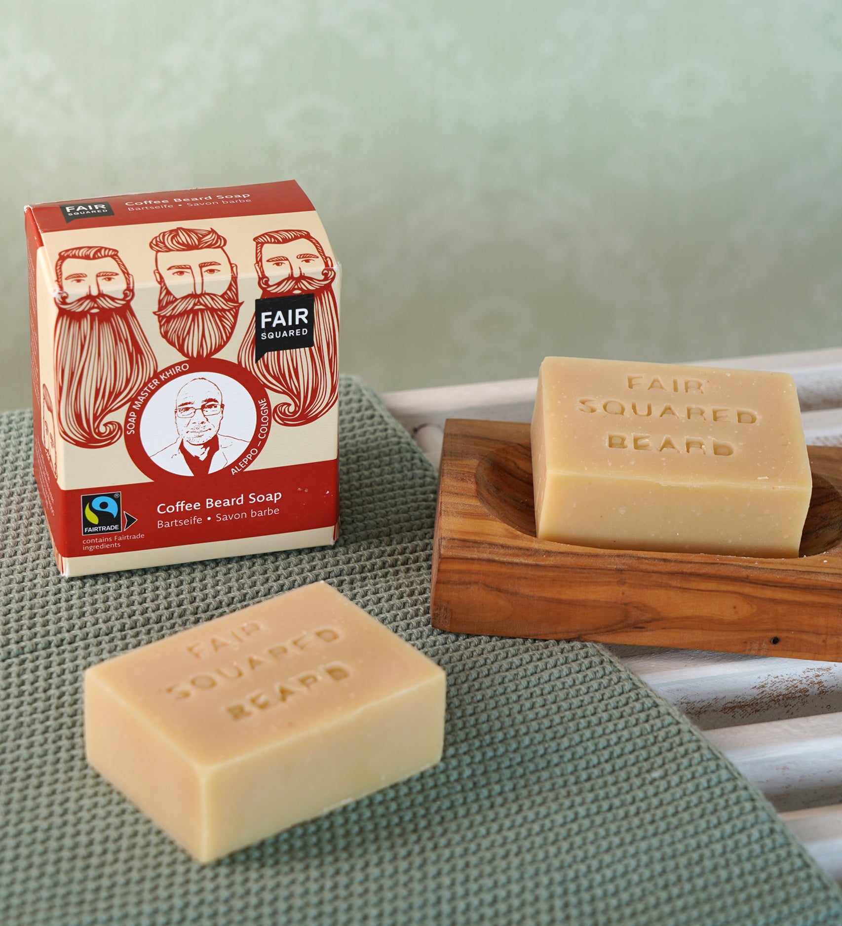 Fair Squared Fairtrade men's beard Soap, in a lovely gift cardboard box, a natural vegan plastic-free beard soap, available to buy at Babipur.