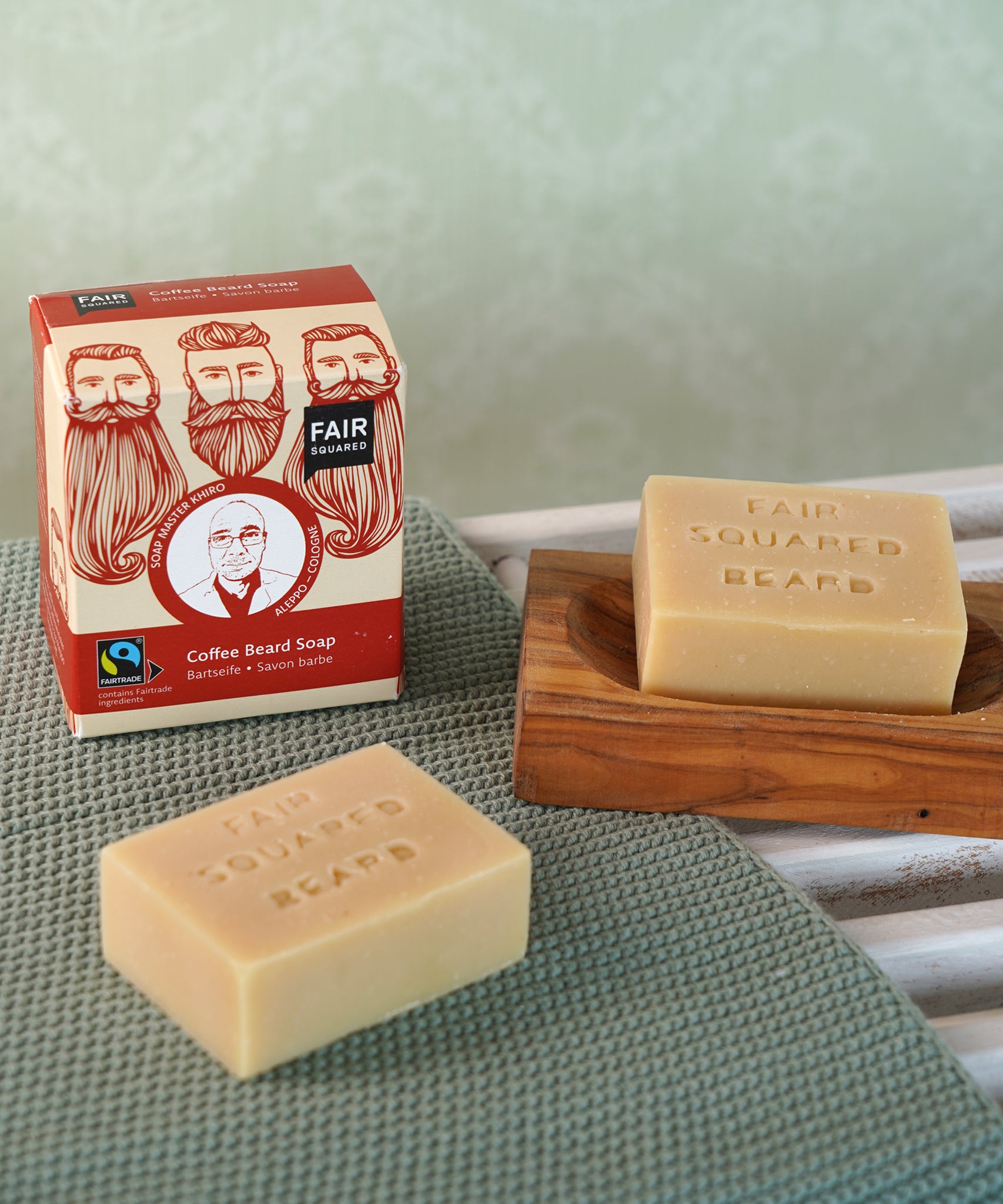 Fair Squared Fairtrade men's beard Soap, in a lovely gift cardboard box, a natural vegan plastic-free beard soap, available to buy at Babipur.