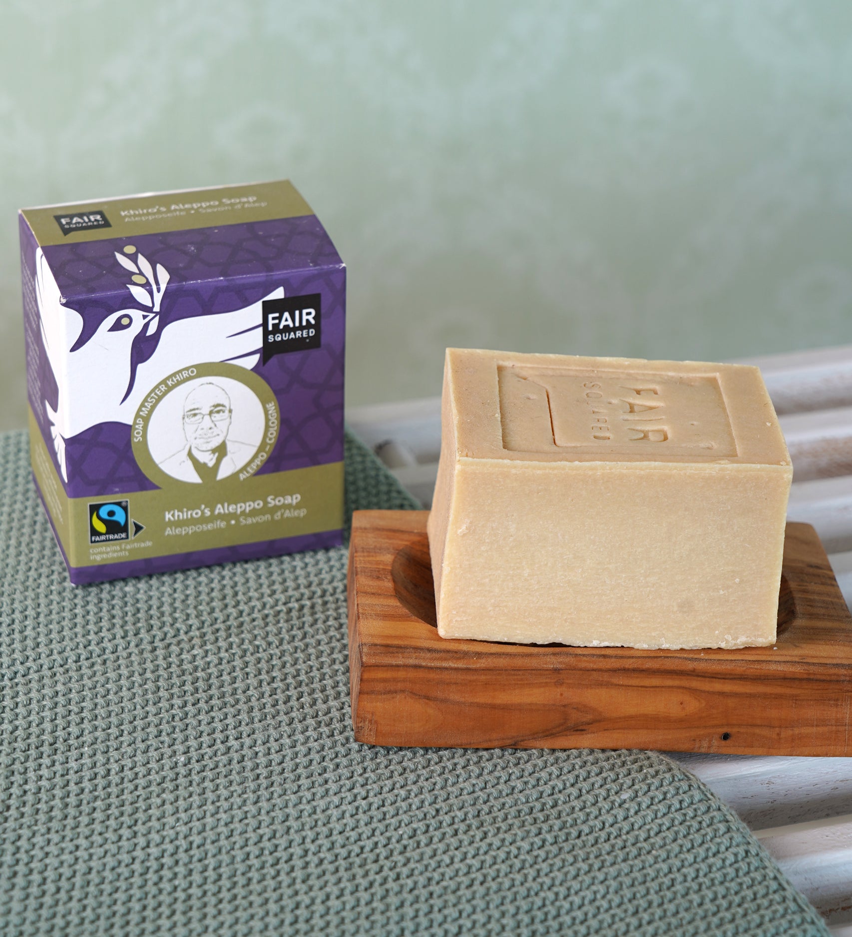 Khiro's Fairtrade Aleppo Soap by Fair Squared, in a lovely gift cardboard box, cruelty free and vegan soap for hair and body, buy now at Babipur.