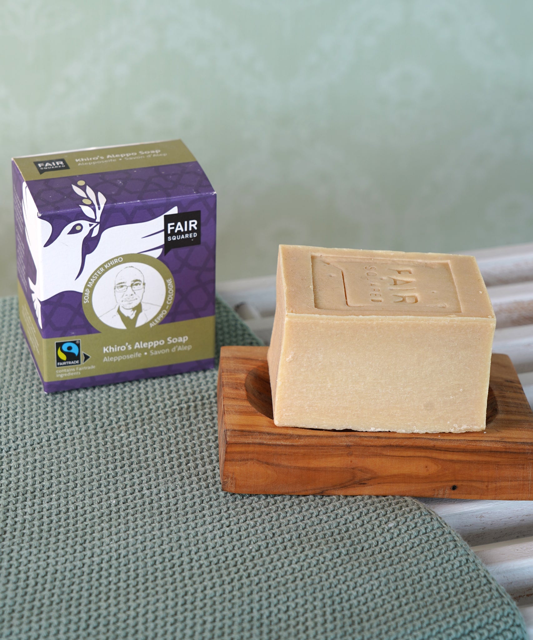 Khiro's Fairtrade Aleppo Soap by Fair Squared, in a lovely gift cardboard box, cruelty free and vegan soap for hair and body, buy now at Babipur.