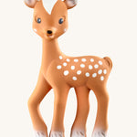 Fanfan The Fawn Baby Teether, is a natural rubber teething toy in light brown with white hooves, white spots white tipped ears and a white triangular section on top of its head. The image is on a cream background