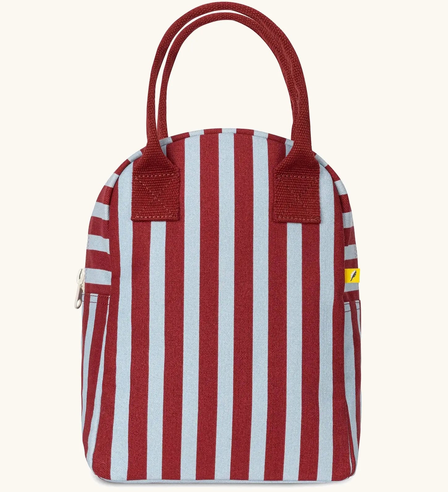 Fluf cotton zipped lunch bag with handles, in burgundy and pale blue stripes, with food-safe wipeable lining.