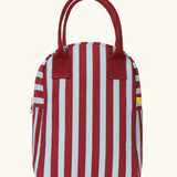 Fluf cotton zipped lunch bag with handles, in burgundy and pale blue stripes, with food-safe wipeable lining.