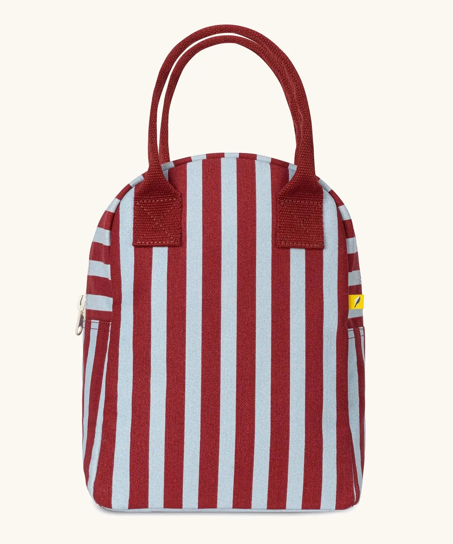 Fluf cotton zipped lunch bag with handles, in burgundy and pale blue stripes, with food-safe wipeable lining.
