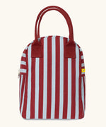 Fluf cotton zipped lunch bag with handles, in burgundy and pale blue stripes, with food-safe wipeable lining.