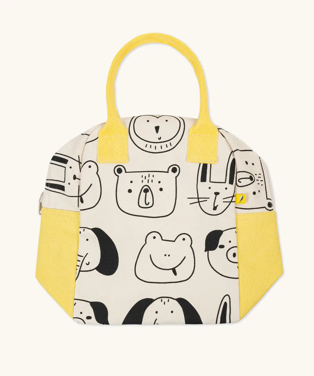 Fluf GOTS organic cotton zippered lunch bag in white with playful animal prints folded flat 
