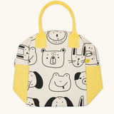 Fluf GOTS organic cotton zippered lunch bag in white with playful animal prints folded flat 