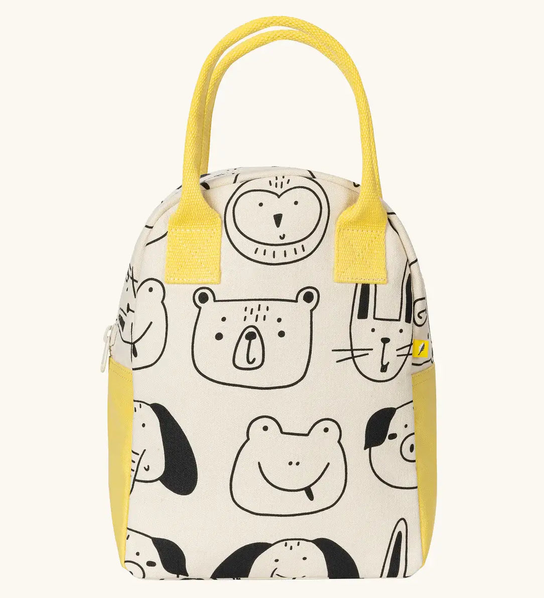 Fluf GOTS organic cotton zippered lunch bag in white with playful animal prints and a yellow carry handle