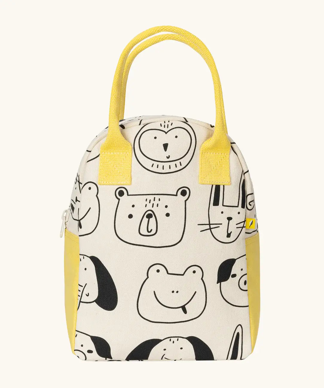 Fluf GOTS organic cotton zippered lunch bag in white with playful animal prints and a yellow carry handle