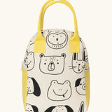 Fluf GOTS organic cotton zippered lunch bag in white with playful animal prints and a yellow carry handle